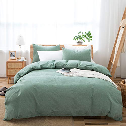 Lovque 100% Washed Cotton Duvet Cover Queen Size, Mint Green Fade-Resistant Natural Bedding Set (No Comforter), 90X90 Inches